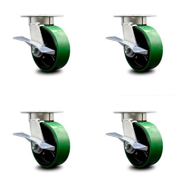 6 Inch Kingpinless Green Poly on Steel Wheel Swivel Caster Set with Brakes SCC